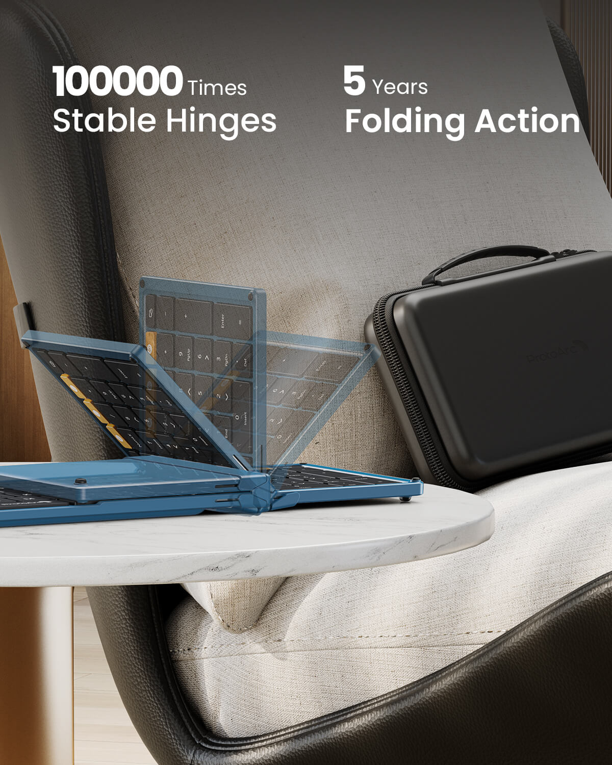 ProtoArc XKM01 Foldable Keyboard showcasing stable hinges with 5 years folding action, ideal for travel and business use.
