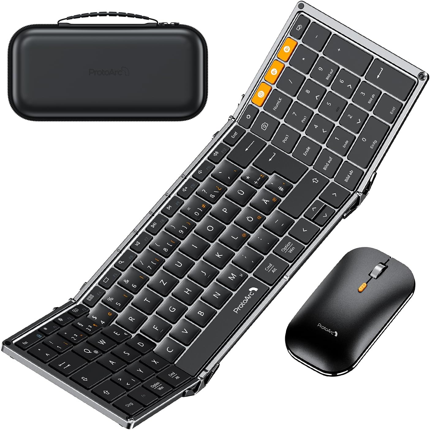 XKM01 Tri-Fold Bluetooth Keyboard and Mouse Combo with carrying case, DE layout.