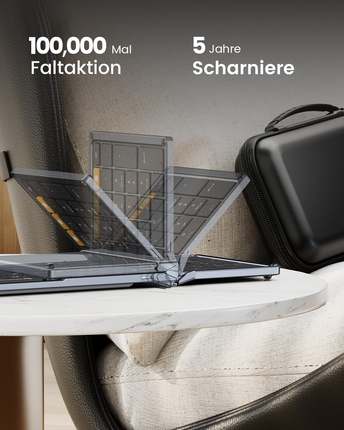 XKM01 Tri-Fold Bluetooth Keyboard DE layout open, with carrying case, showing durability text.