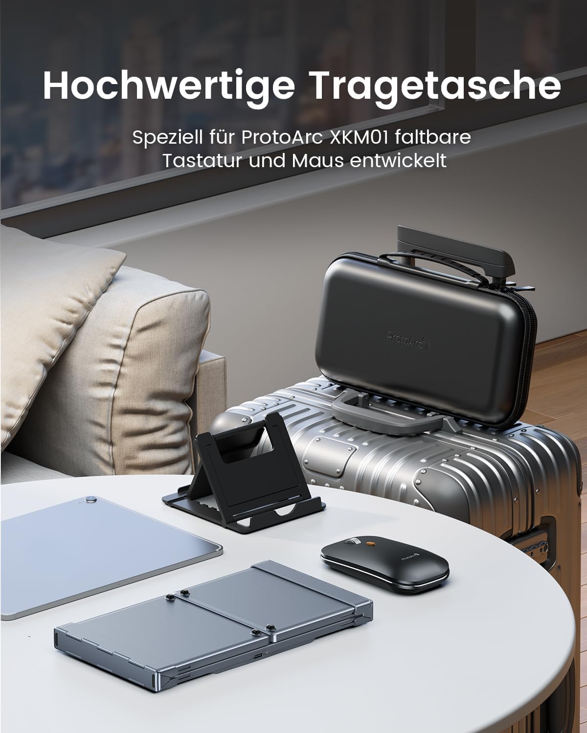 ProtoArc XKM01 Tri-Fold Keyboard and mouse combo with protective carrying case on a suitcase.