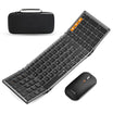 XKM01 dark grey expanded Tri-Fold Bluetooth Keyboard (UK Layout) with black ergonomic mouse and carrying case.