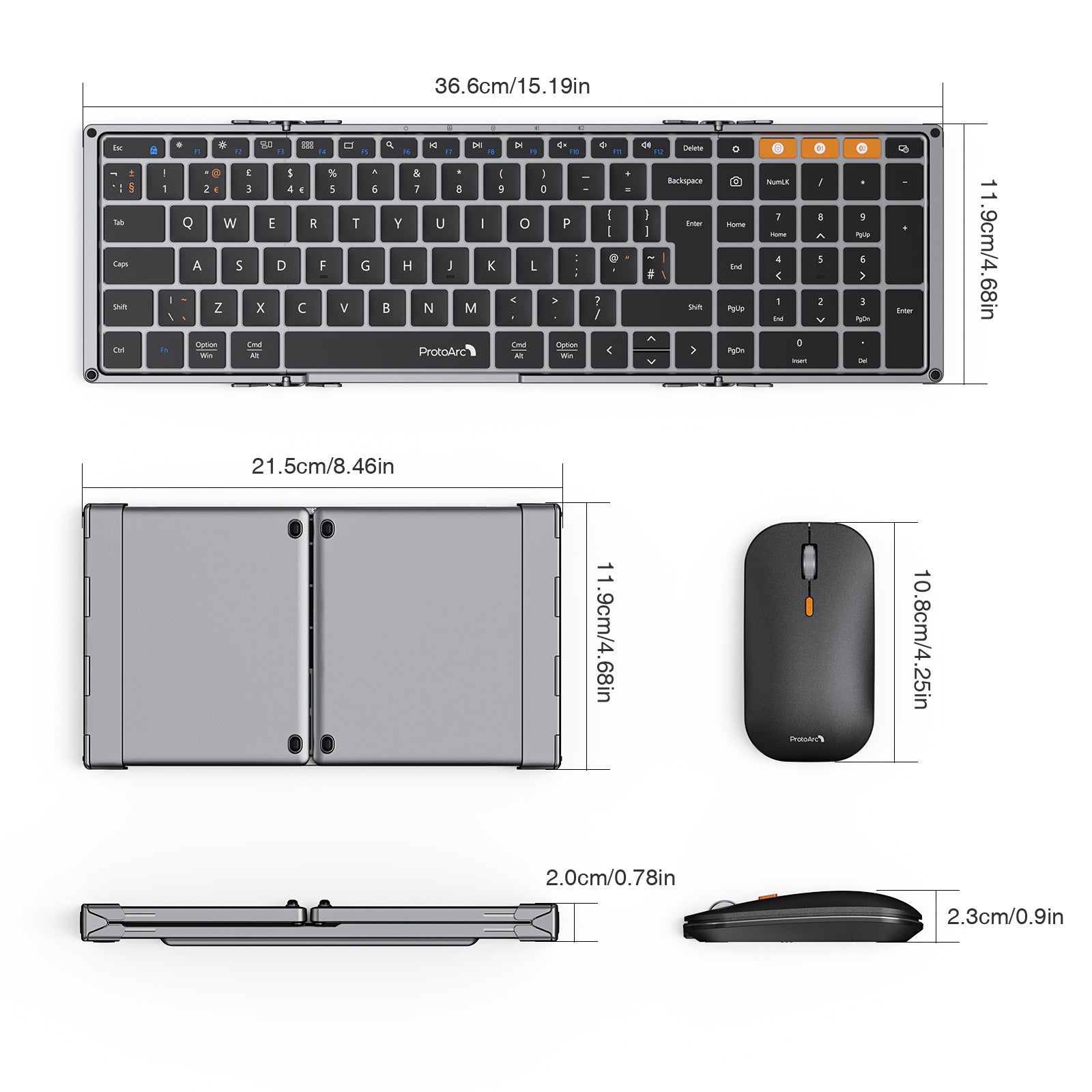 ProtoArc XKM01 Tri-Fold Keyboard/Mouse Combo, UK Layout, shown open, folded, and with dimensions.