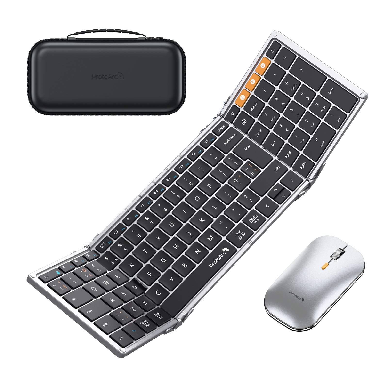 ProtoArc XKM01 tri-fold keyboard (UK), silver mouse, and black case shown unfolded. Product display.