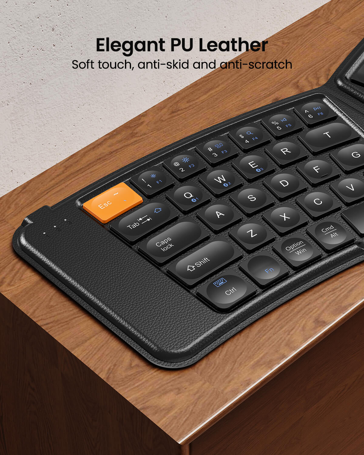 XKM03 Ergonomic Foldable Bluetooth Keyboard Combo, elegant PU leather texture.
