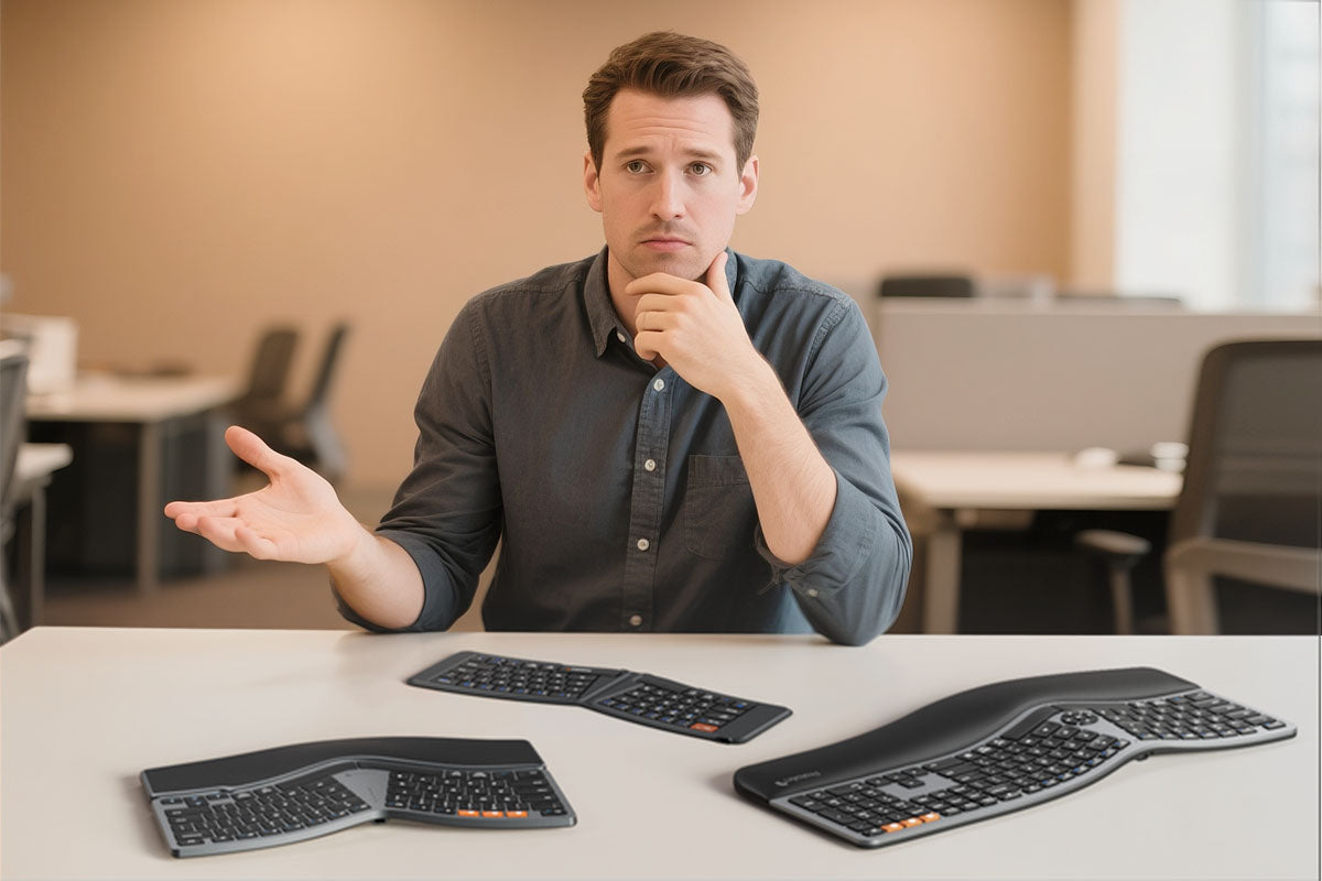 A person gestures while sitting at a table with three curved keyboards.