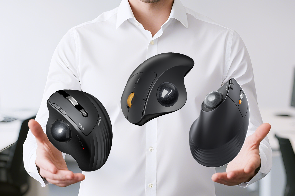 A person holding three different models of ergonomic trackball mice.