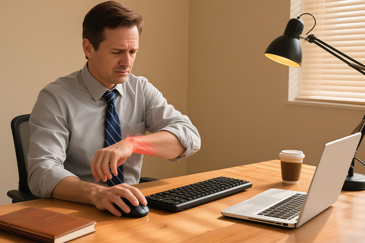 Professional businessman in dress shirt and tie working at wooden desk with laptop and keyboard in modern office setting