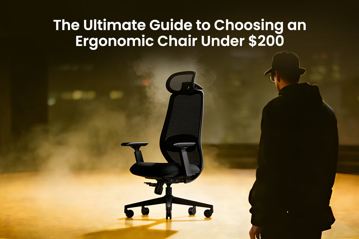 Person in black hoodie and cap contemplating a black mesh ergonomic office chair with headrest in dramatic golden lighting - The Ultimate Guide to Choosing an Ergonomic Chair Under $200