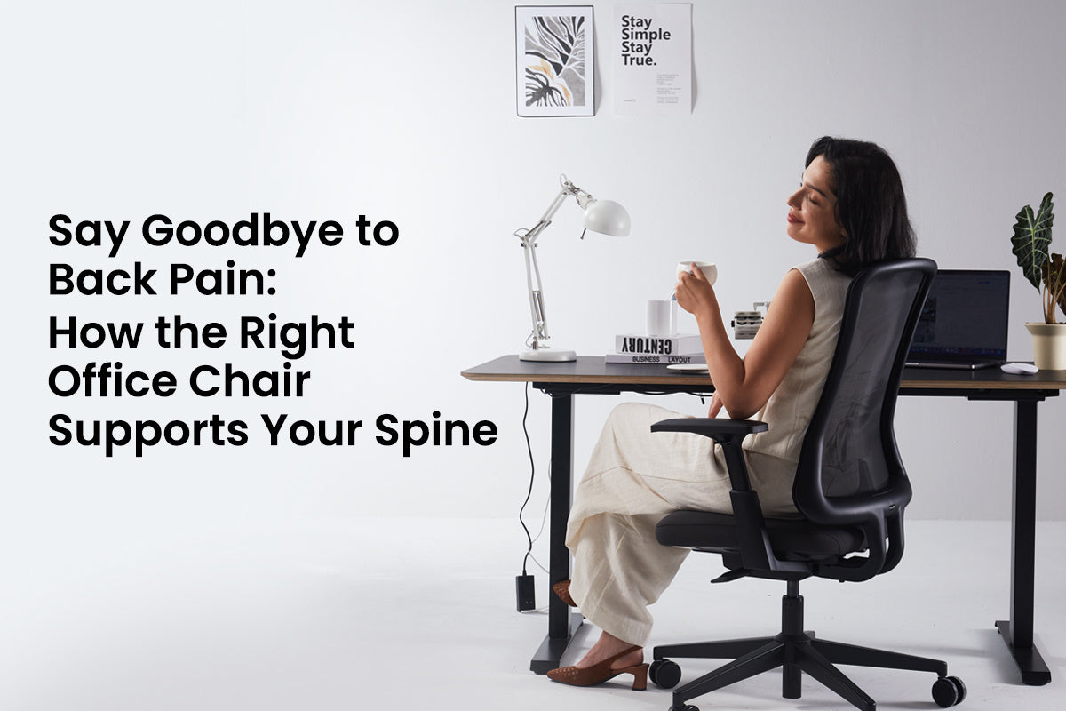 Woman in beige outfit sitting at minimalist white desk with black ergonomic office chair, holding coffee cup - Say Goodbye to Back Pain: How the Right Office Chair Supports Your Spine