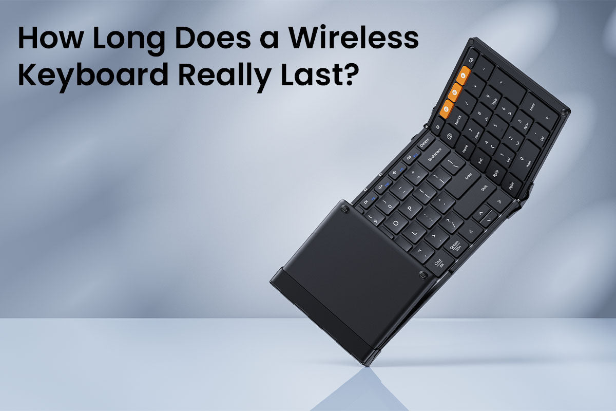 A foldable wireless keyboard with text asking about its lifespan.