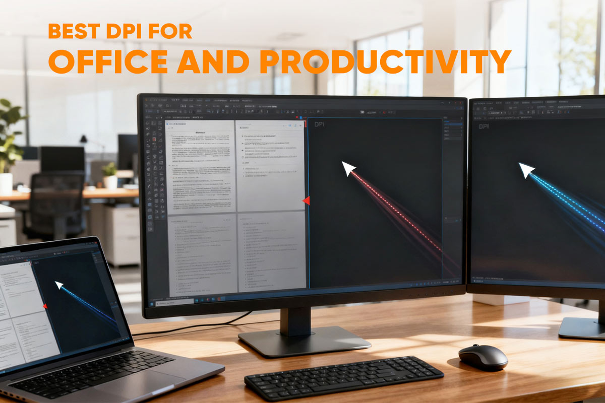 A multi-monitor desk setup with a laptop, illustrating the best mouse DPI for office and productivity.
