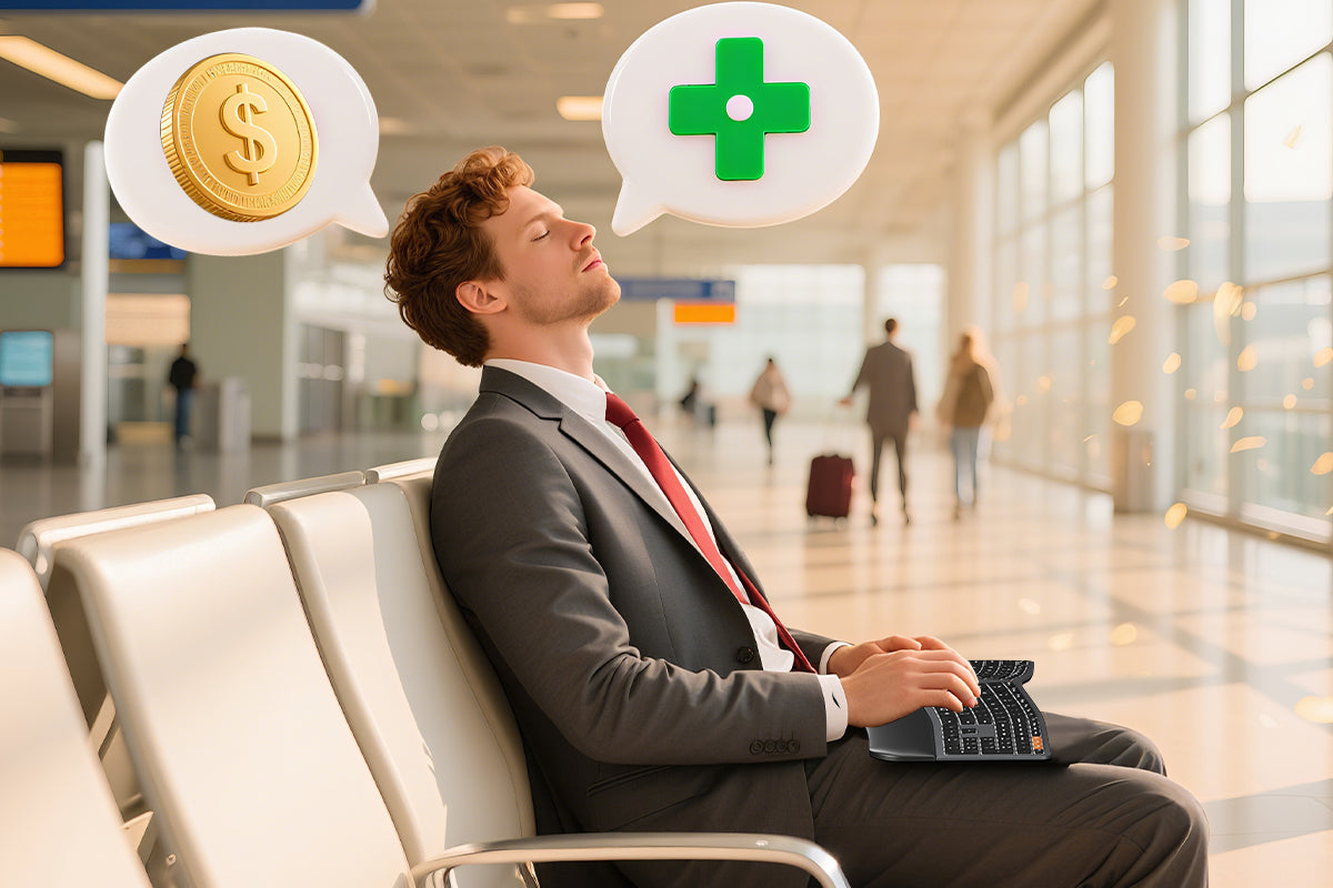 Businessman contemplating money and health symbols while sitting in modern office lobby