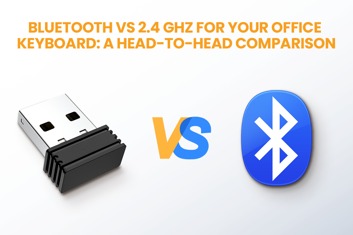 A comparison of a 2.4 GHz USB receiver and the Bluetooth logo with the title "Bluetooth vs 2.4 GHz for your office keyboard."
