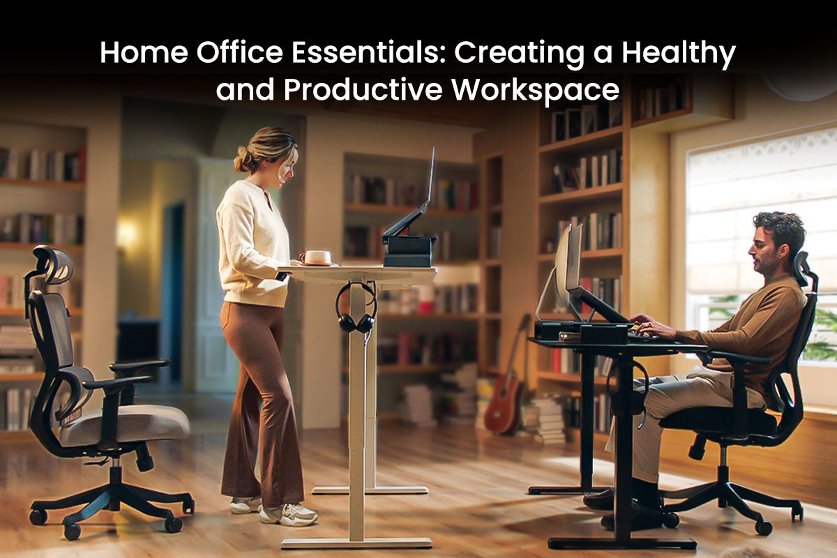 Ergonomic home office setup showing woman using sit-stand desk and man seated in ergonomic office chair with lumbar support in organized workspace with natural lighting