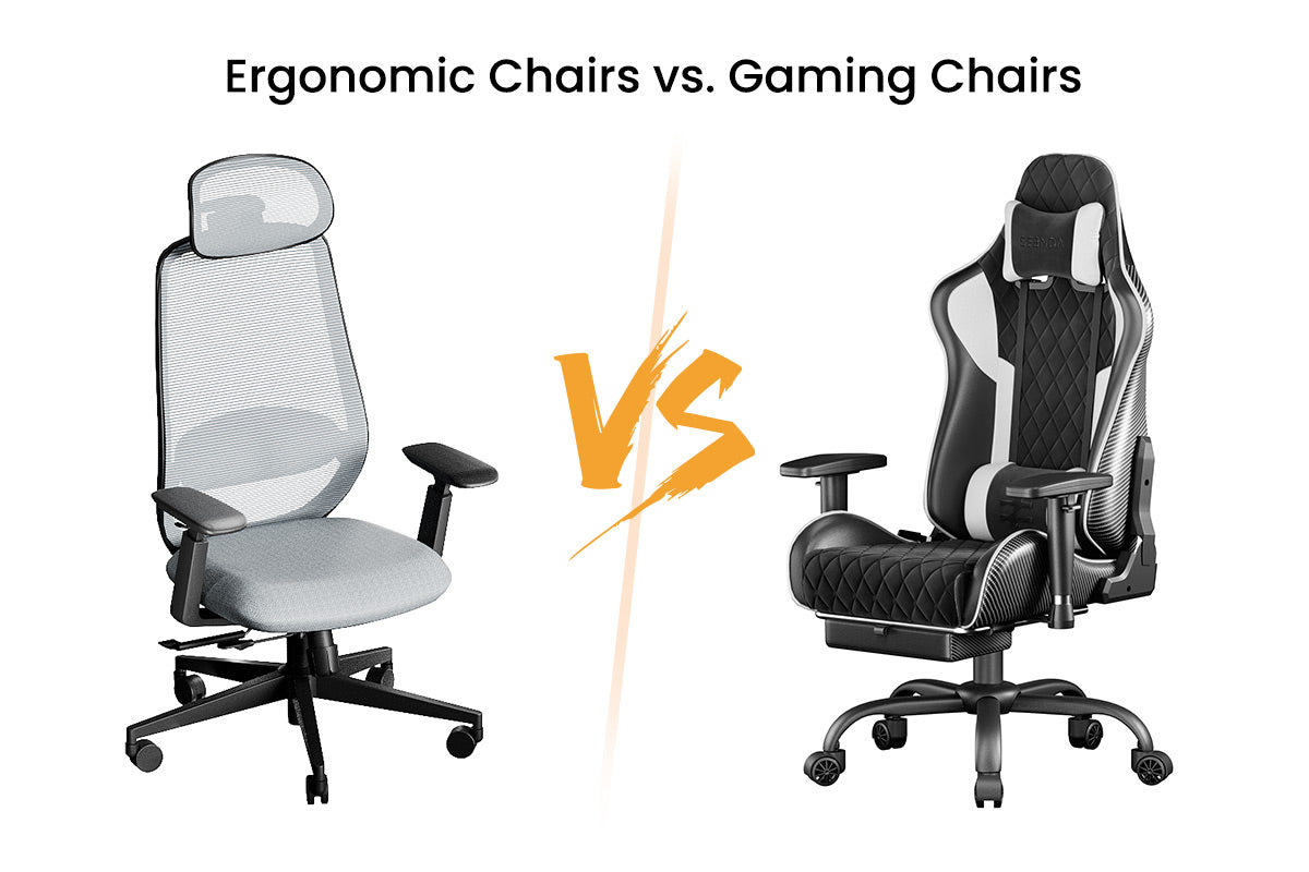 Side-by-side comparison of a grey mesh ergonomic office chair and a black and white racing-style gaming chair with the text 'Ergonomic Chairs vs. Gaming Chairs'