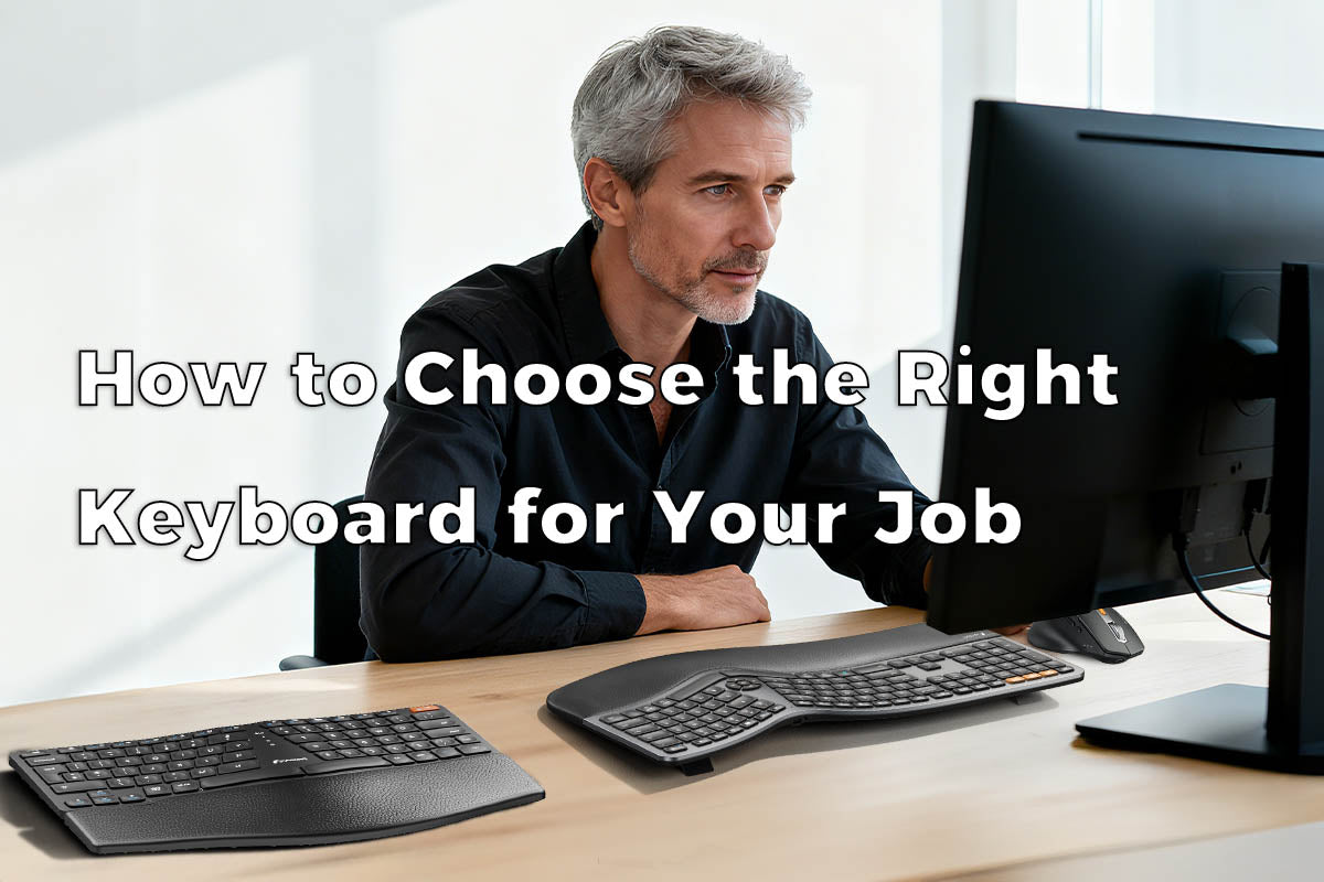A man at a desk with ergonomic keyboards, titled "How to Choose the Right Keyboard for Your Job."