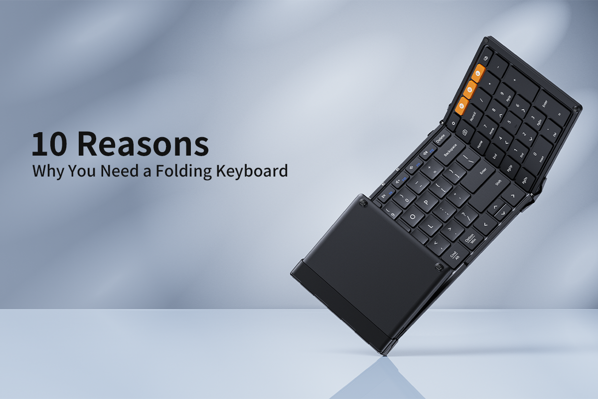 Black folding keyboard in partially folded position against gray background with text overlay reading '10 Reasons Why You Need a Folding Keyboard', highlighting the product's portable design