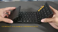 Hands unfolding ProtoArc compact foldable keyboard with number pad.