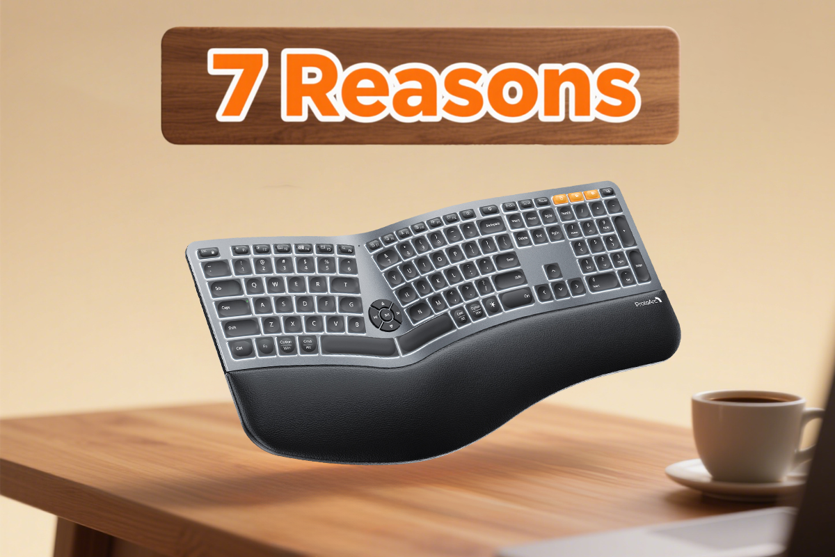 A split ergonomic keyboard with a palm rest floating above a wooden desk with a coffee cup in the background and a "7 Reasons" graphic above.