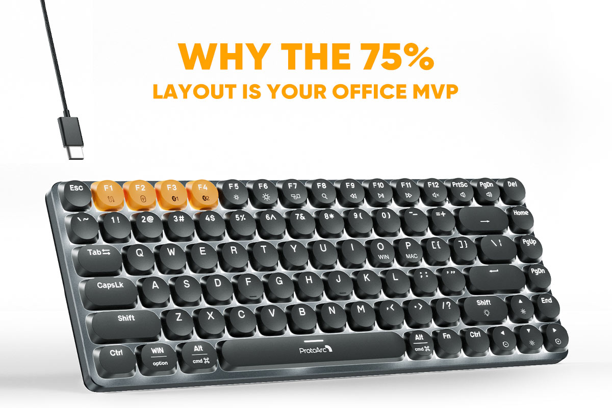 A 75% layout mechanical keyboard with orange accent keys, presented as the ideal choice for office work.