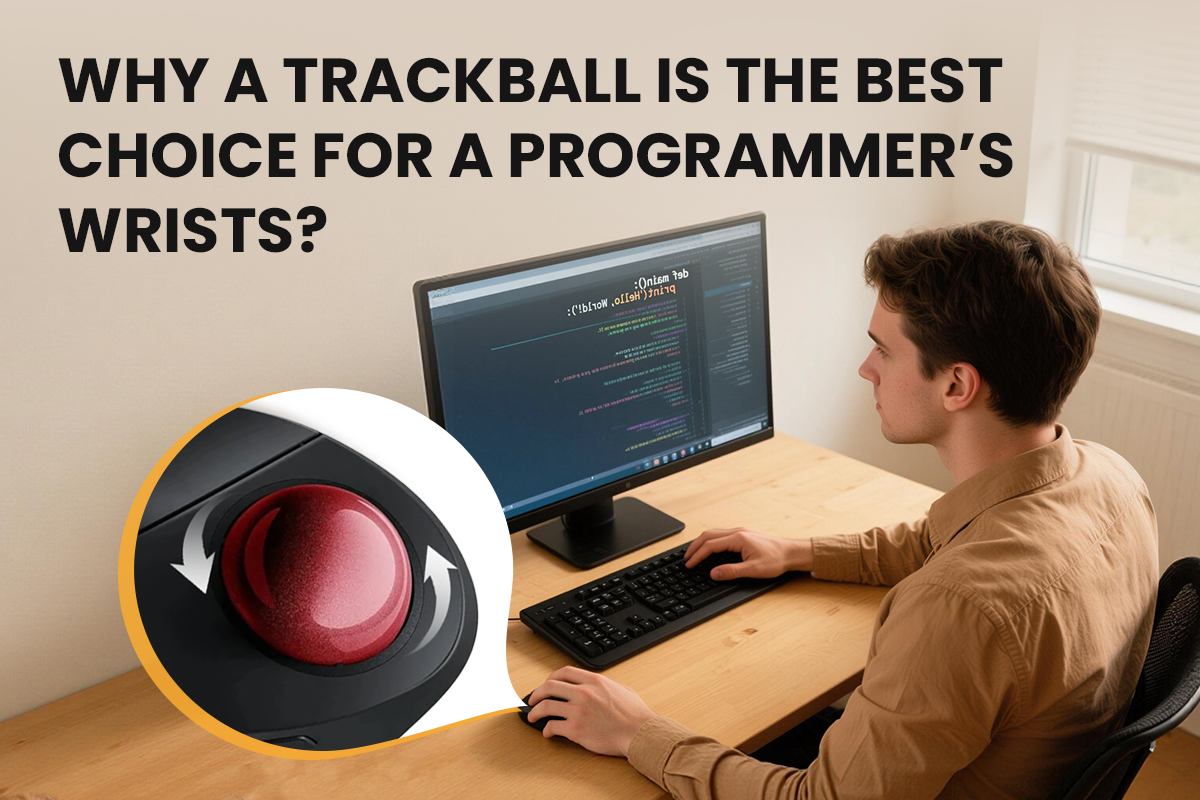 Ergonomic trackball mouse with red ball, showing how it protects a programmer's wrists at a computer desk.