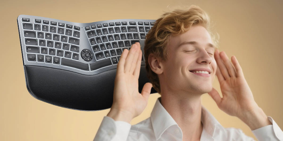 Ergonomic split keyboard floating above a person raising both hands near their head.