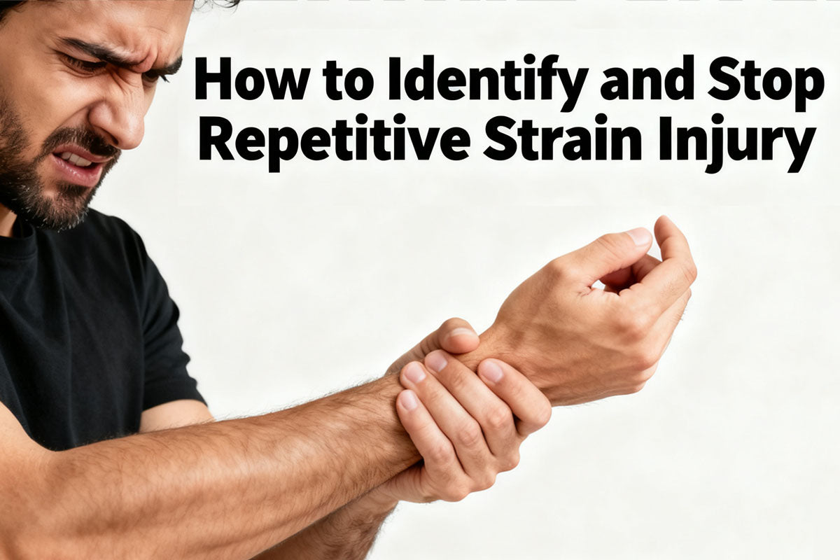 A man holding his wrist in pain, with text reading "How to Identify and Stop Repetitive Strain Injury."