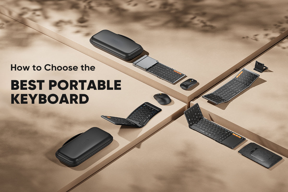 How to choose the best portable keyboard" text over various models of foldable keyboards.