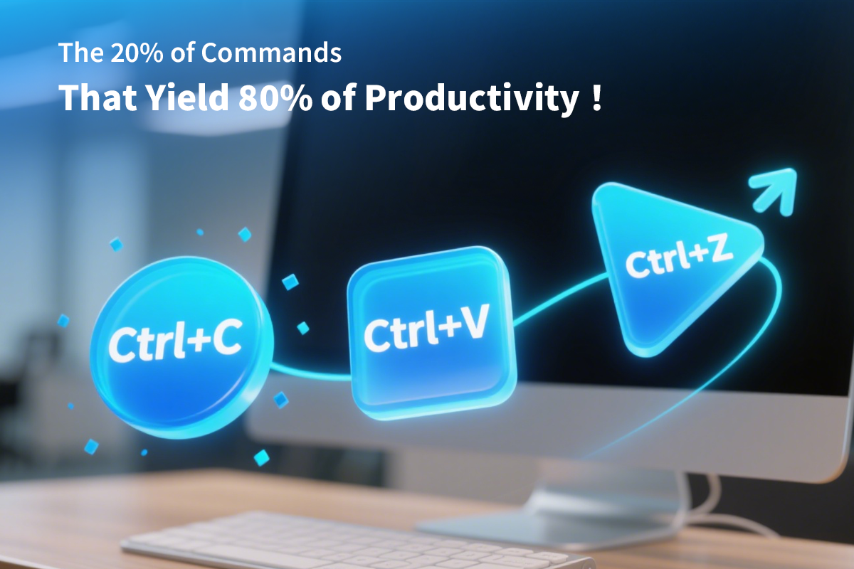 A graphic showing keyboard shortcuts like Ctrl+C and Ctrl+V, illustrating the 20/80 rule for productivity.
