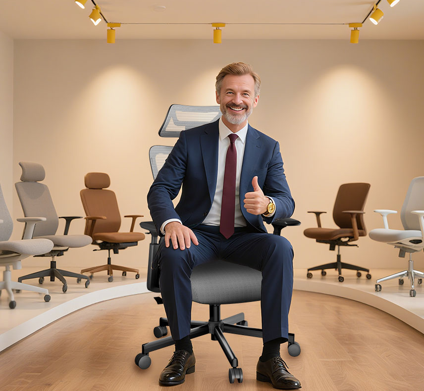 A man in a suit sitting on a modern ergonomic office chair in a showroom with various office chairs displayed in the background.