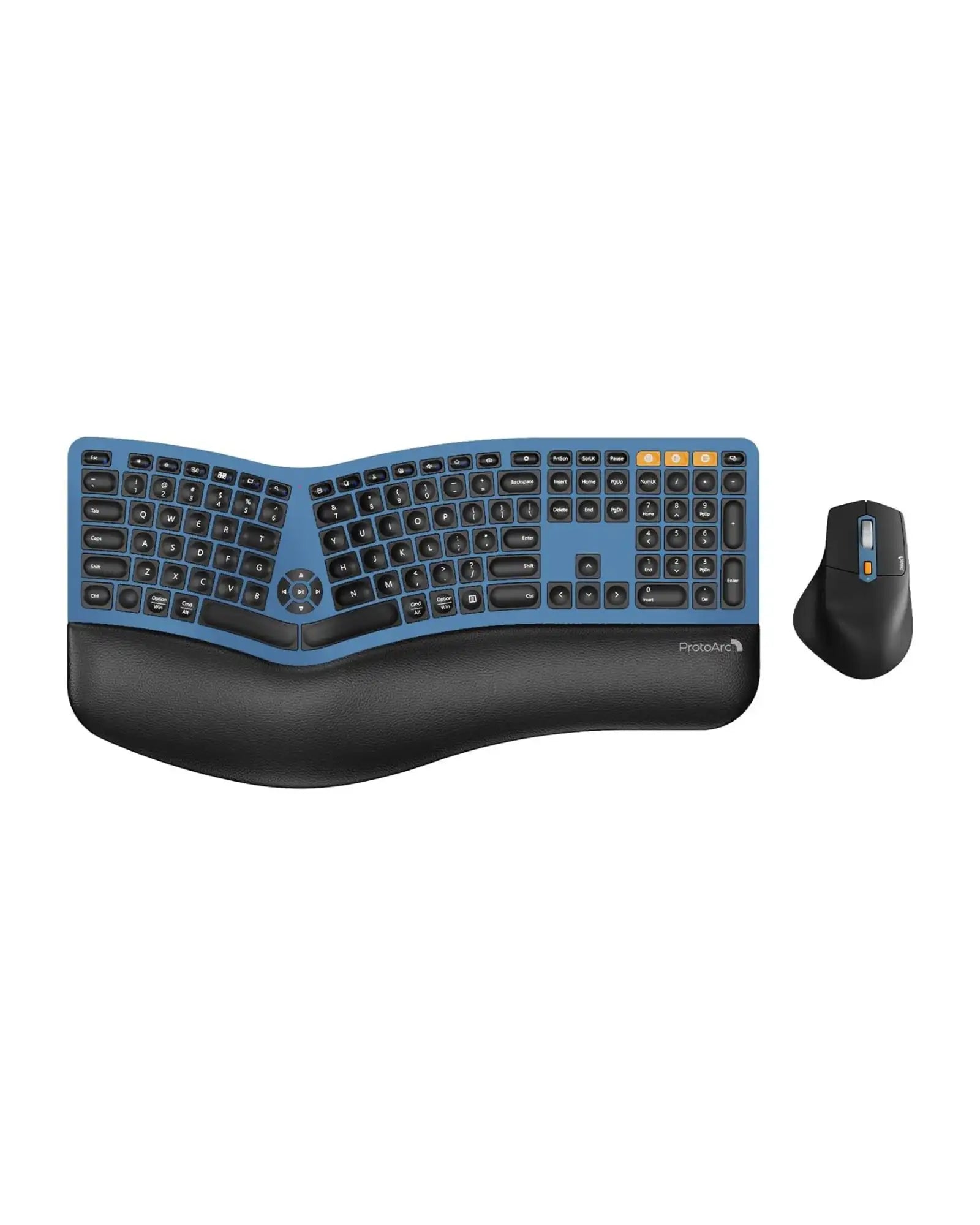 Blue ProtoArc EKM01 Plus ergonomic keyboard and black ergonomic mouse combo with cushioned wrist rest.
