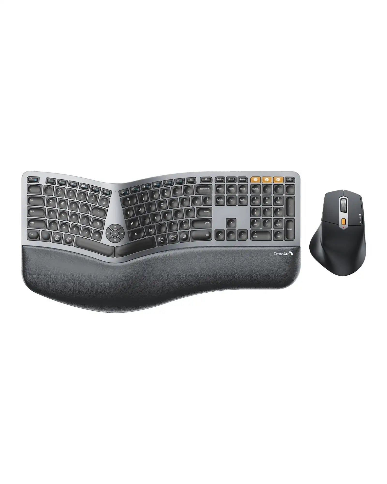 EKM01 Plus black ergonomic keyboard with split wrist rest and matching sculpted mouse