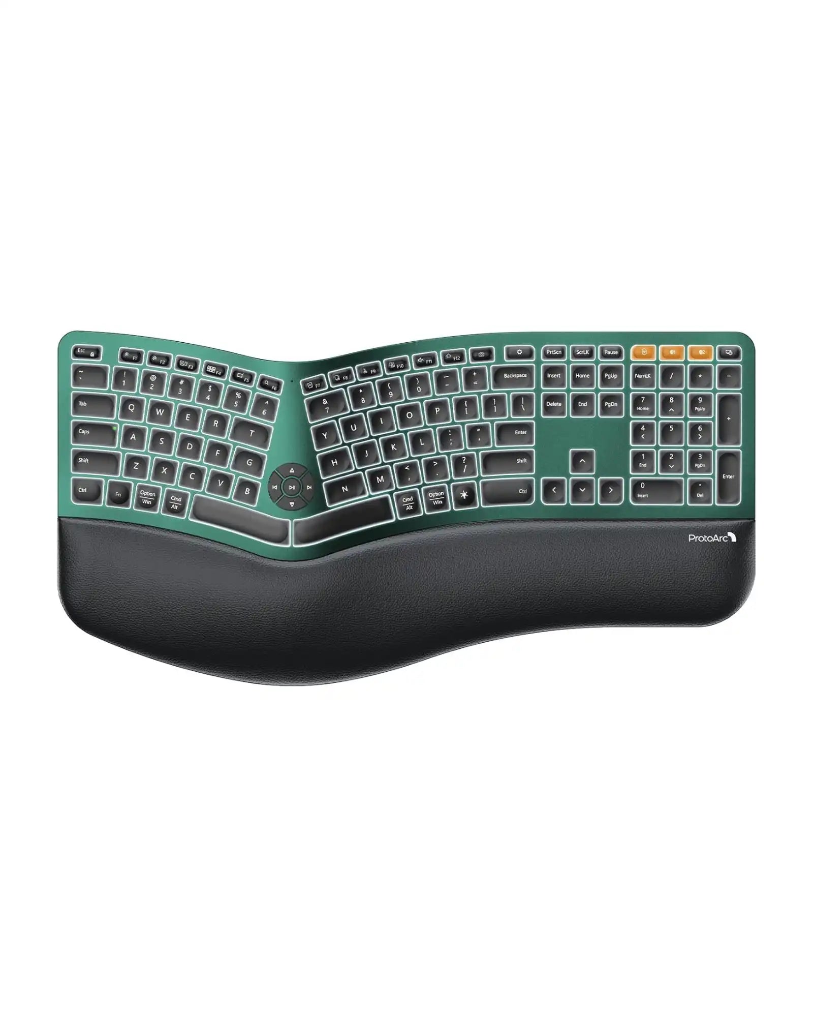 Green backlit ergonomic split keyboard with a black wrist rest.