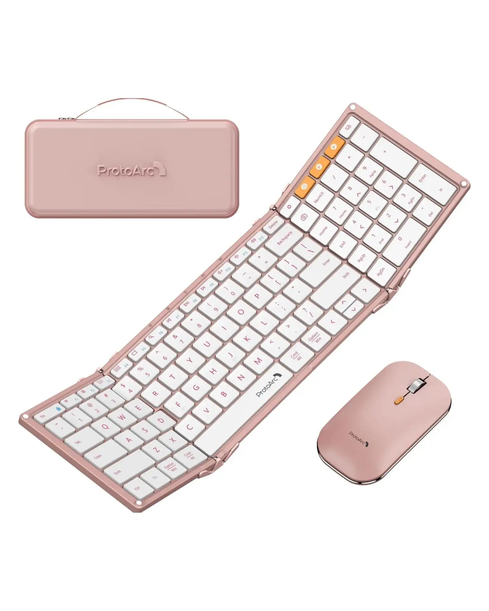 Pink ProtoArc foldable Bluetooth keyboard and mouse combo with travel case
