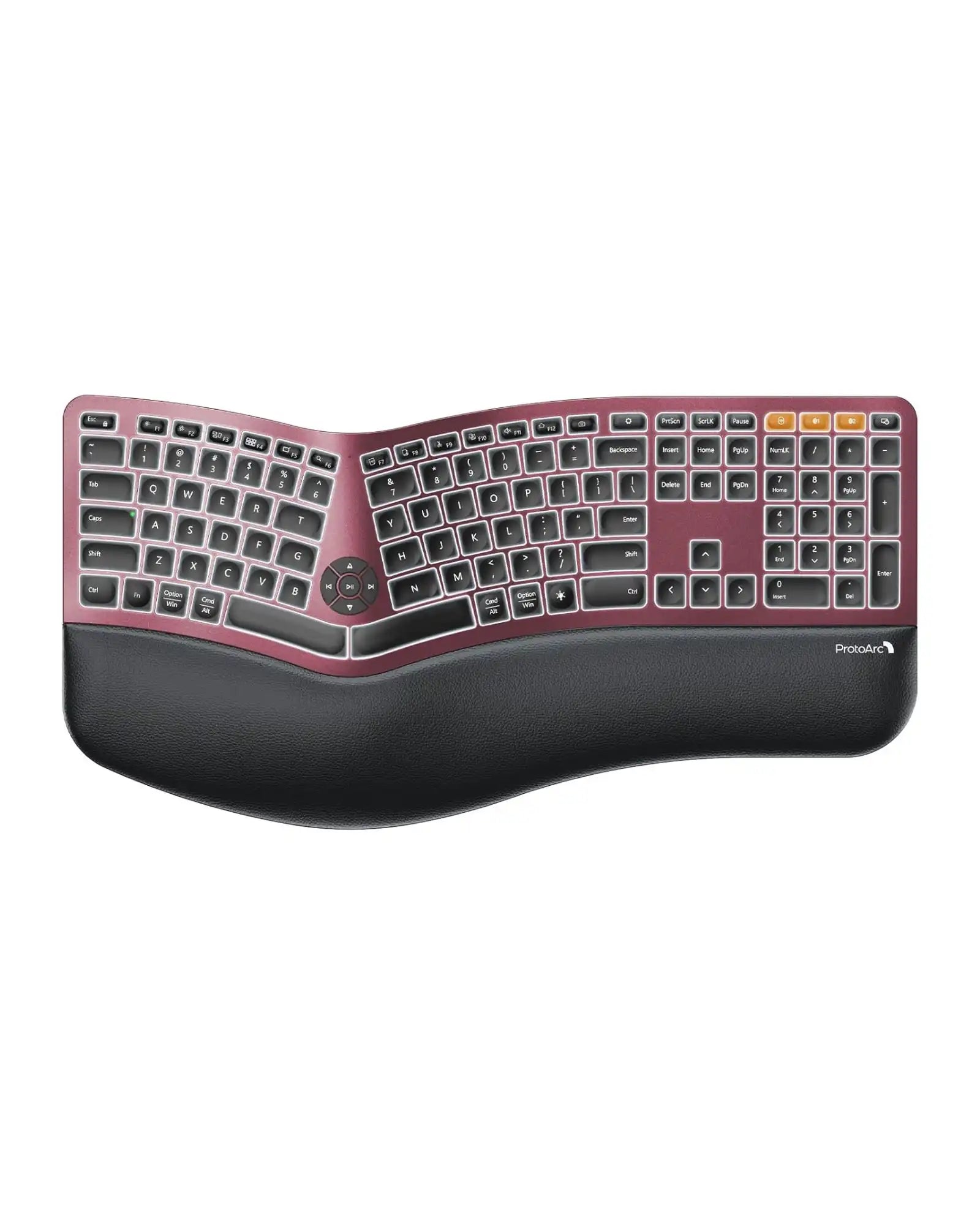 Red ProtoArc EK01 Plus ergonomic split keyboard with backlit keys and wrist rest
