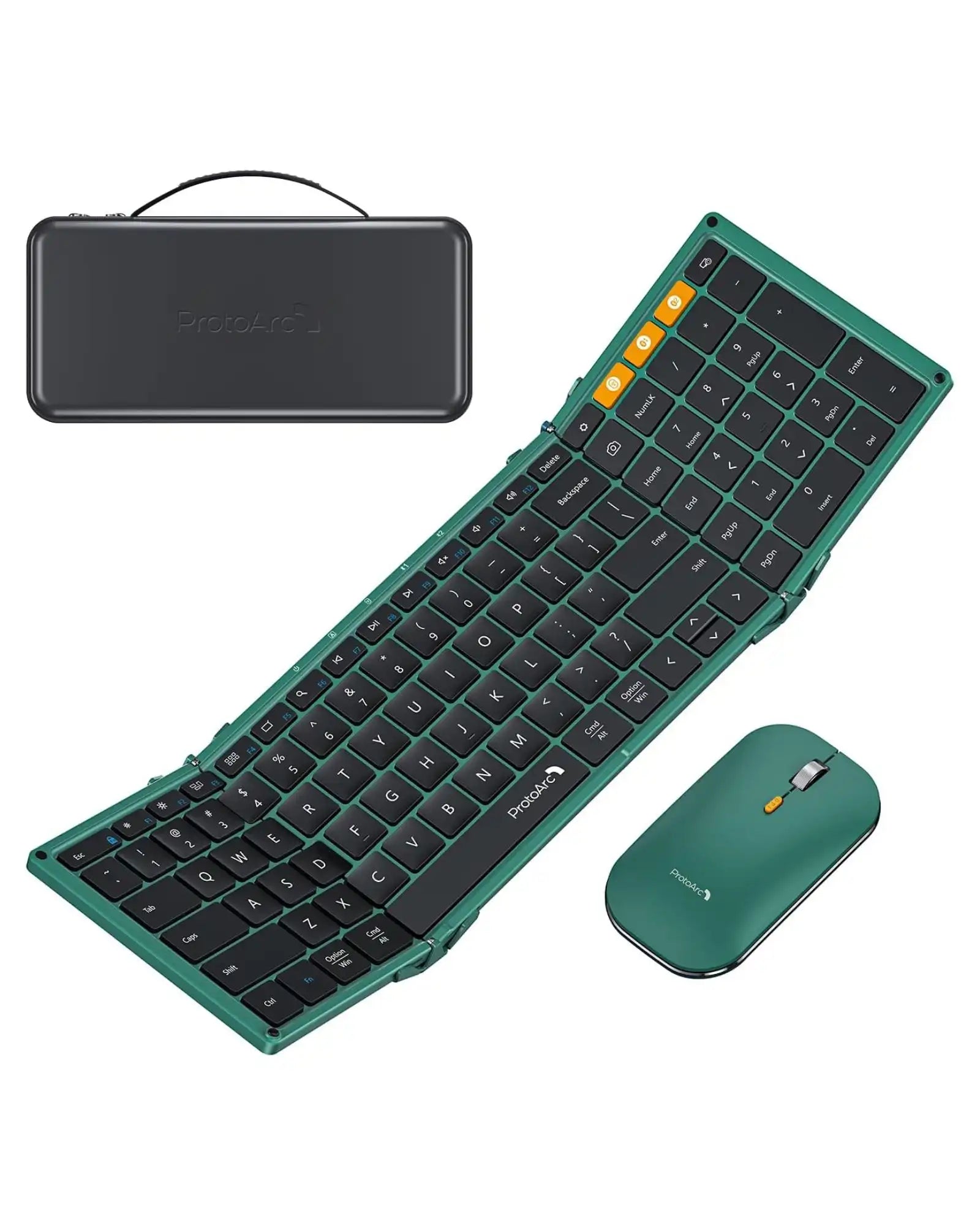 ProtoArc XKM01 foldable green Bluetooth keyboard and mouse combo with black travel case
