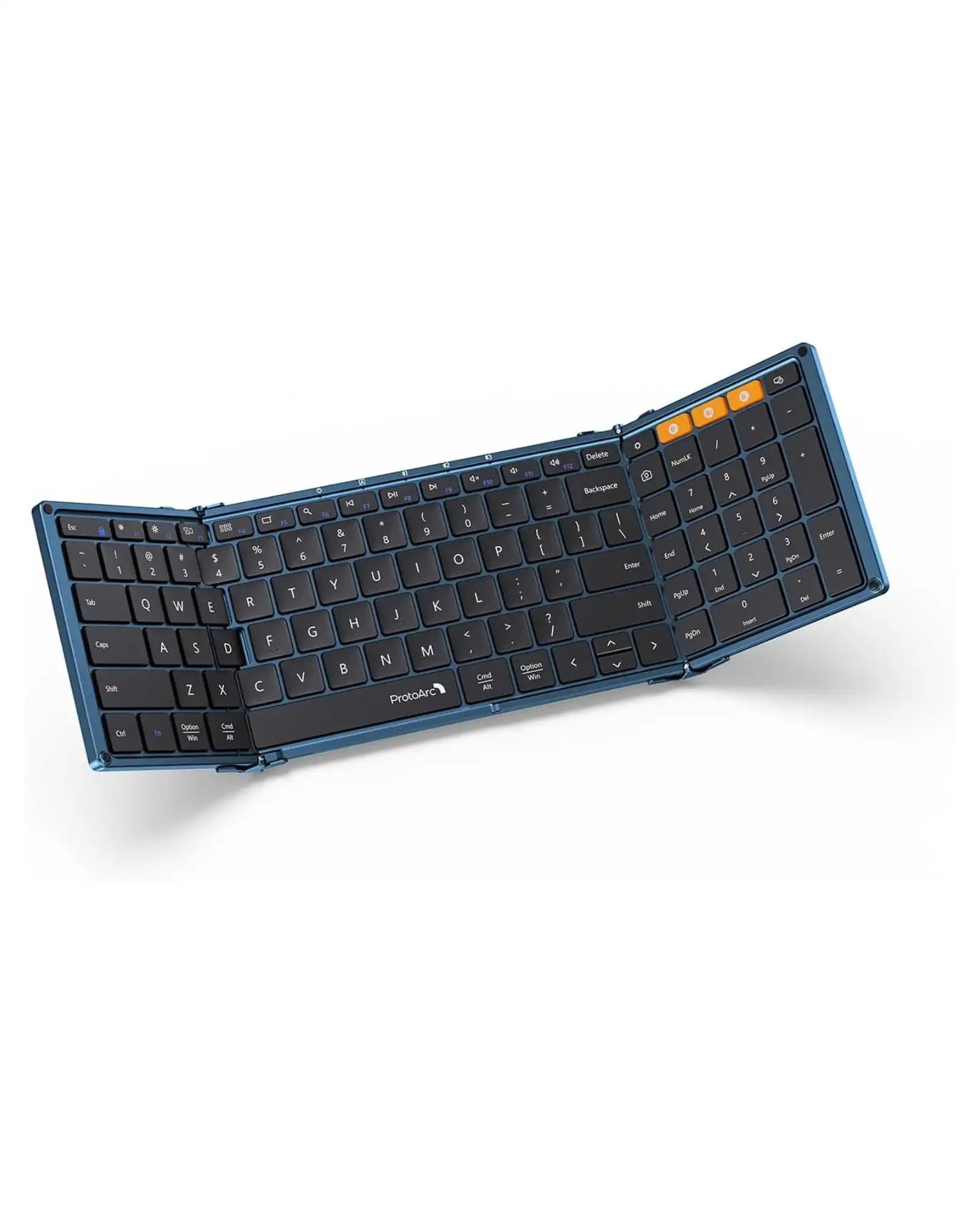 Blue foldable ProtoArc XK01 Bluetooth keyboard with 105 keys, expanded.