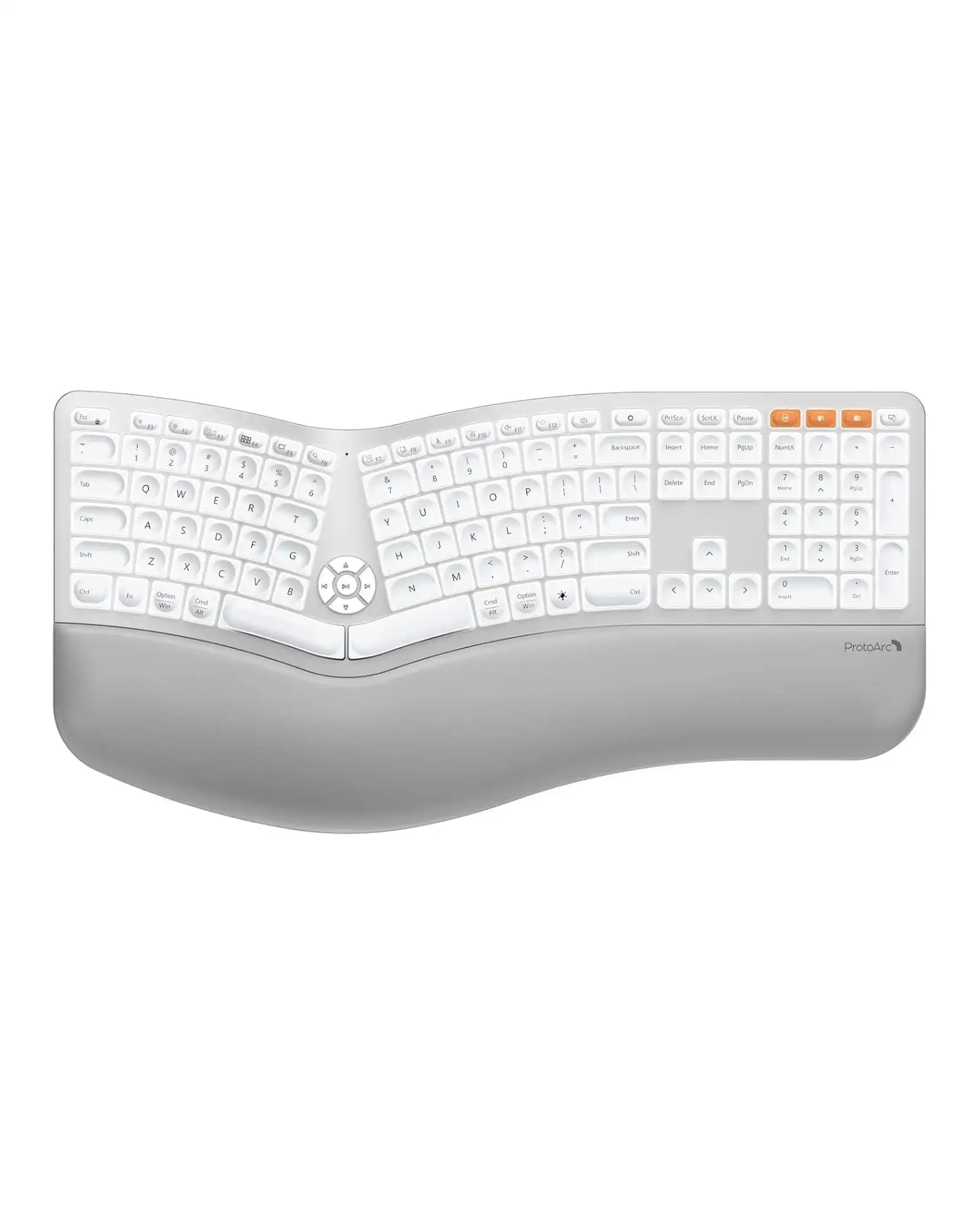 White ProtoArc EK01 Plus ergonomic split keyboard with grey wrist rest. Features backlit keys and full-size layout.