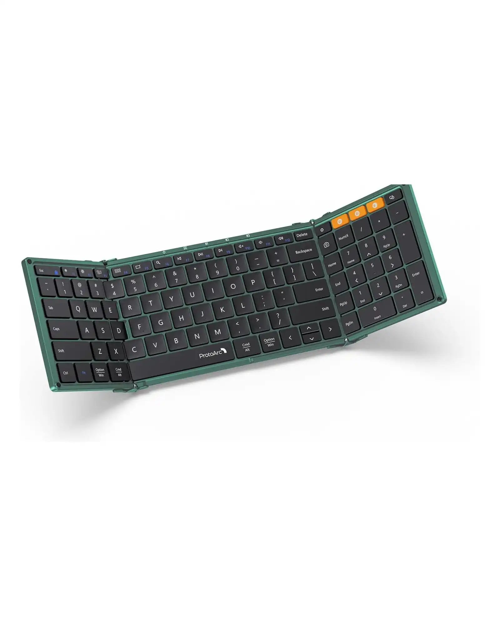 Green ProtoArc XK01 foldable Bluetooth keyboard with black keys, displayed unfolded.