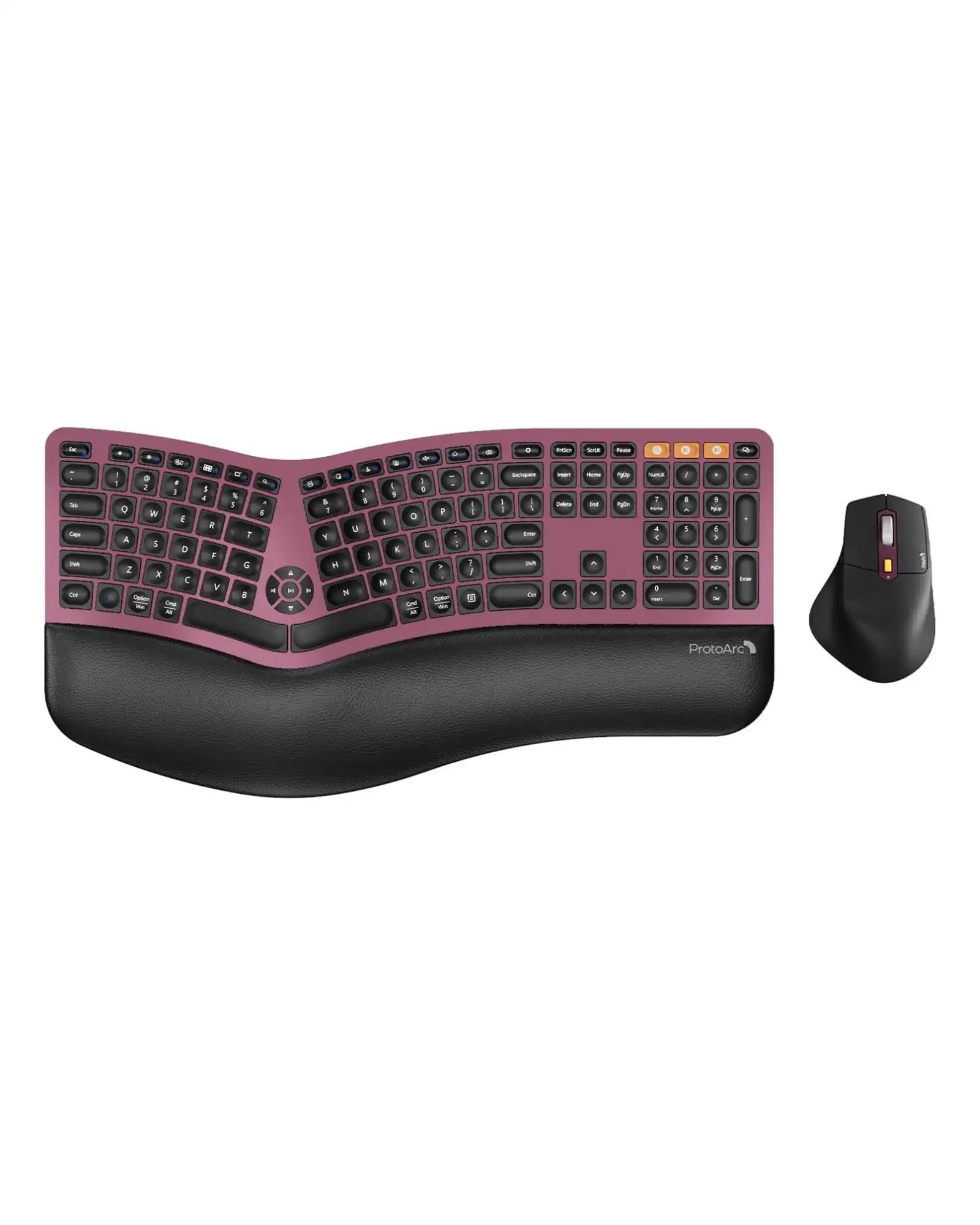 ProtoArc EKM01 Plus ergonomic keyboard and mouse combo in dark pinkish-purple with black wrist rest