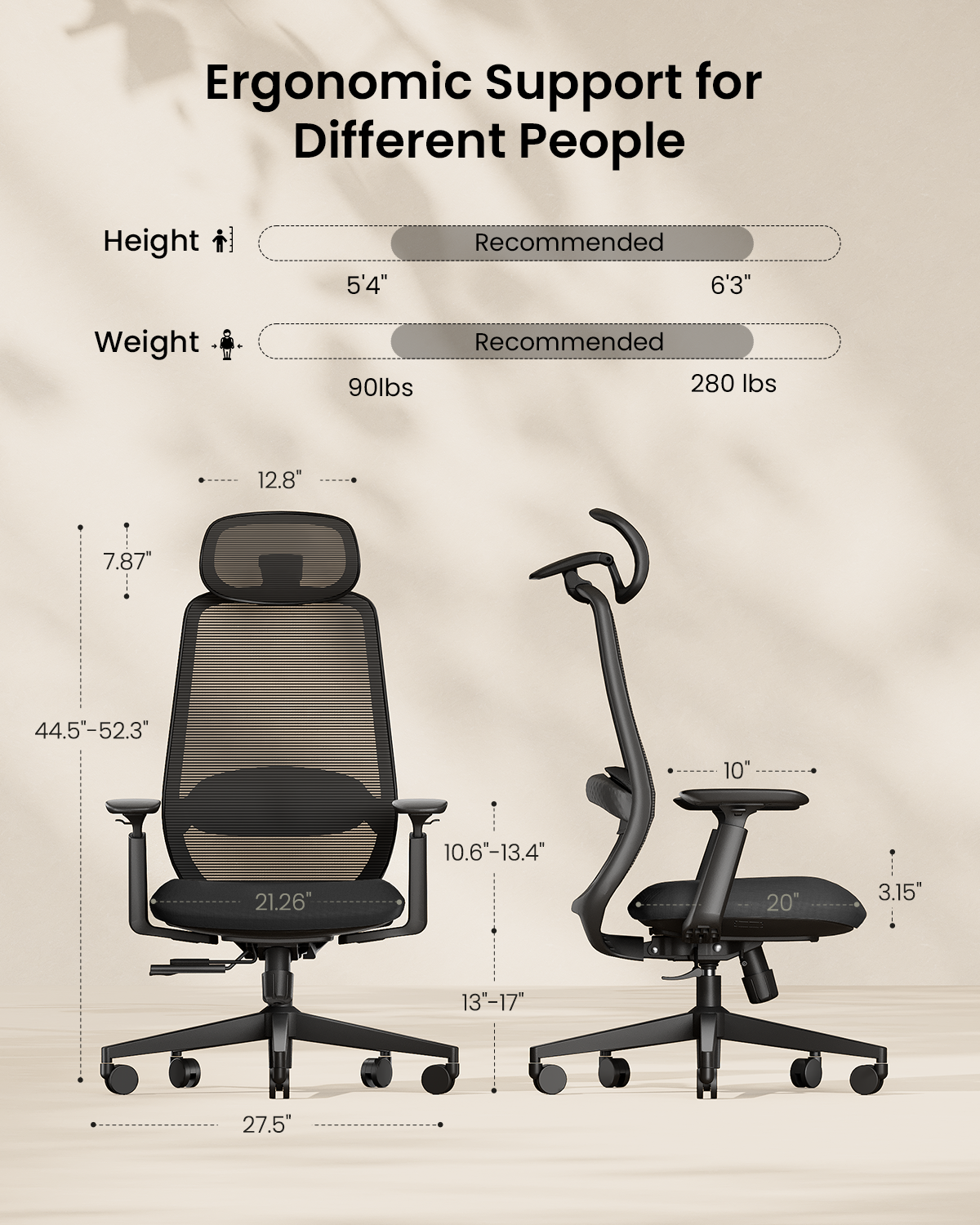 EC200 ergonomic mesh office chair dimensions and recommended height/weight. Supports users 5'4"-6'3" and 90-280 lbs.