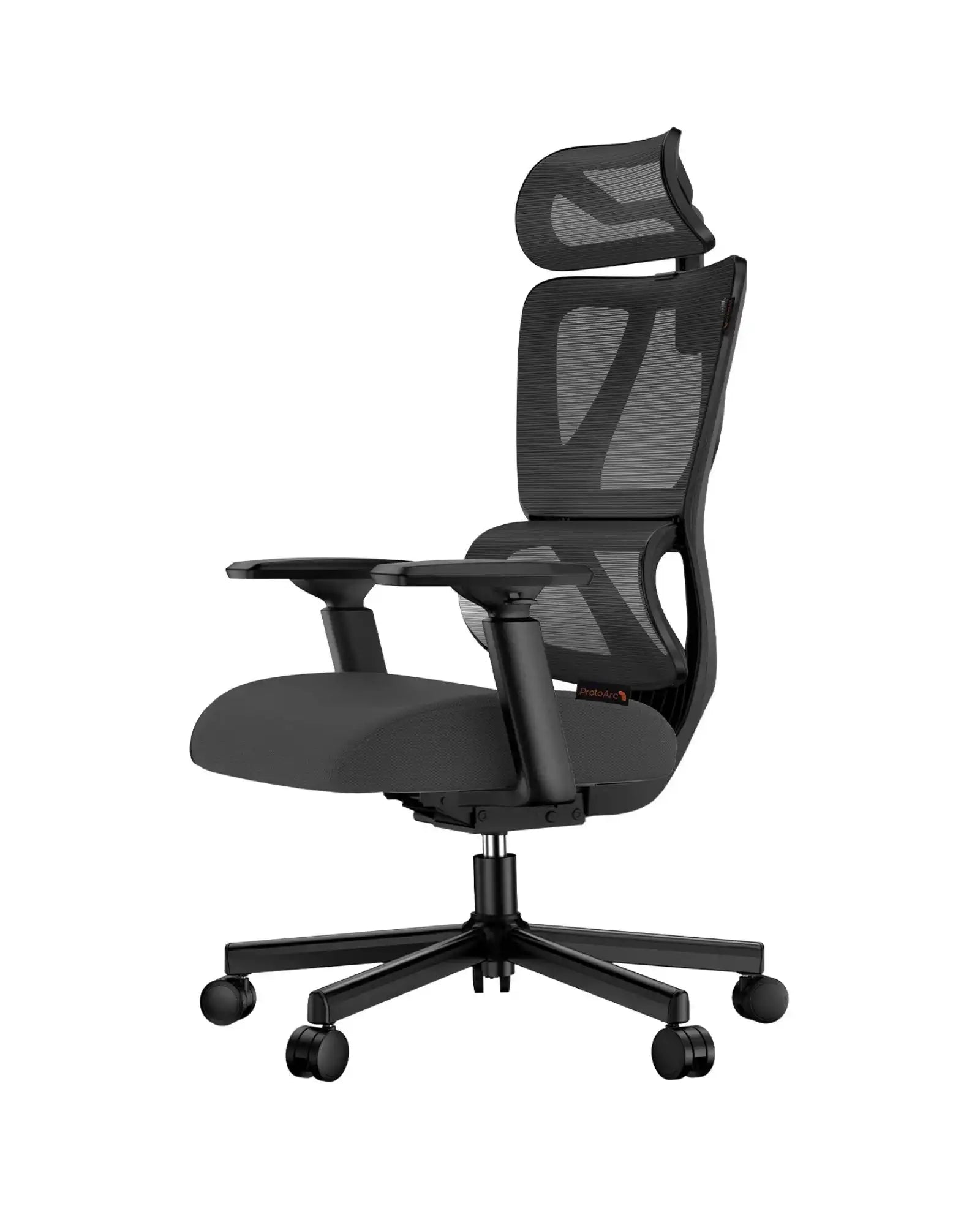 Black mesh ergonomic office chair with adjustable headrest and arms, lumbar support, and five-star base with casters.