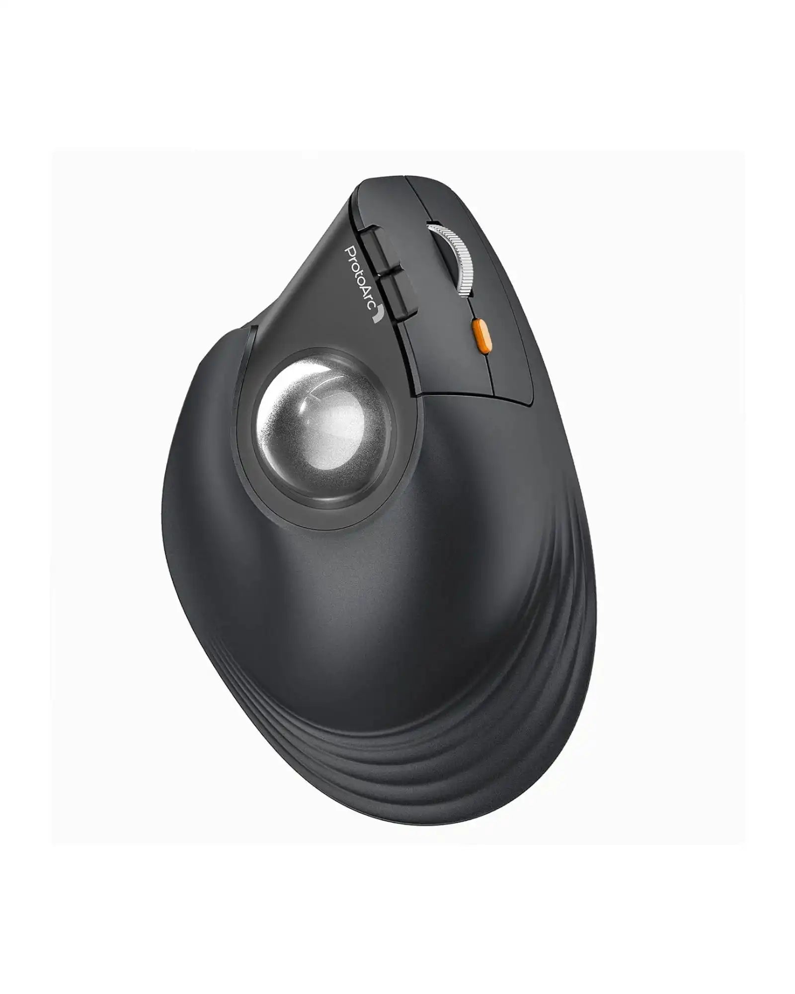 ProtoArc EM05 NL ergonomic vertical wireless trackball mouse in black with a silver trackball and scroll wheel.