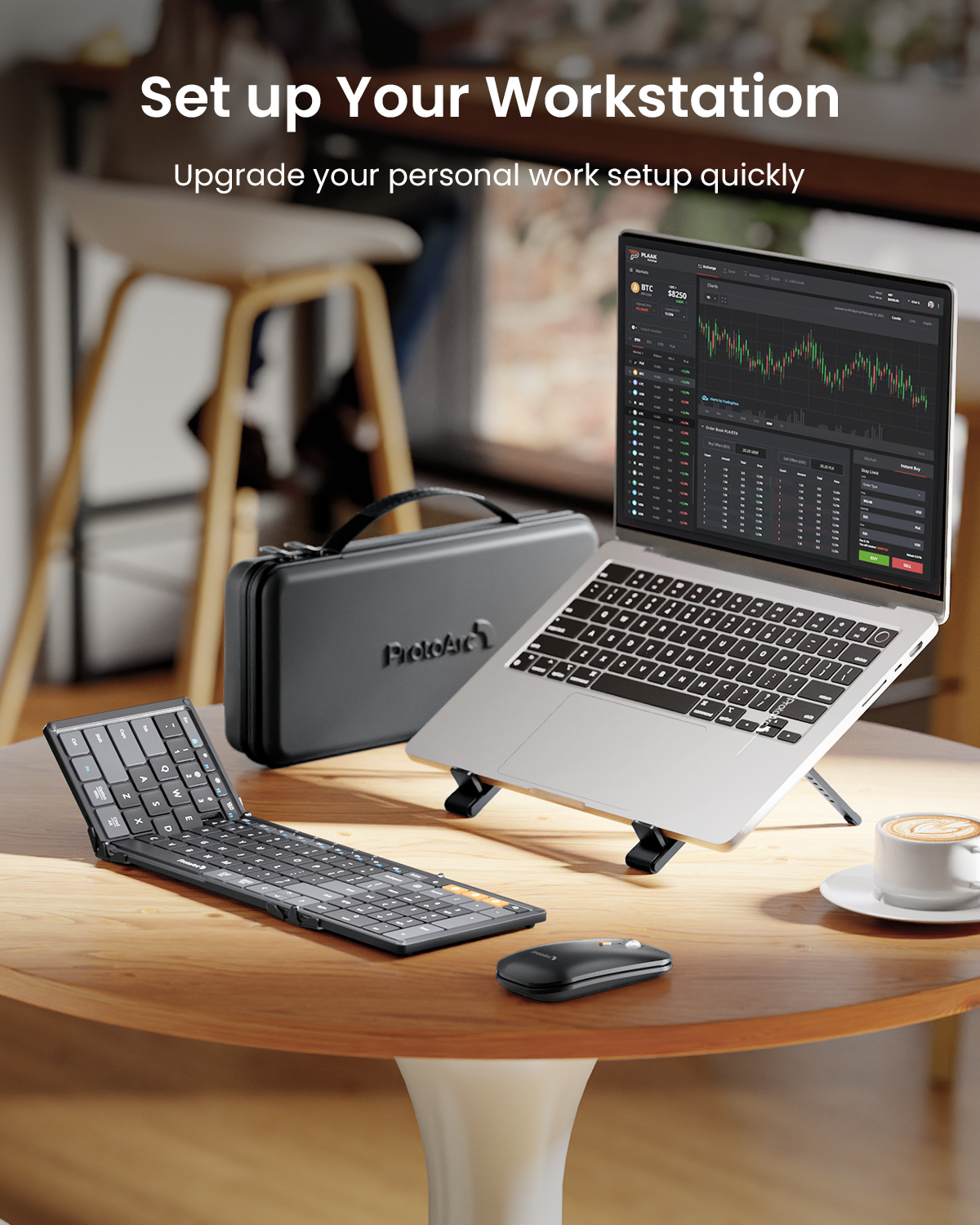 XKM01 CaseUp foldable keyboard, mouse, laptop stand, and travel case workstation setup on a wooden table.