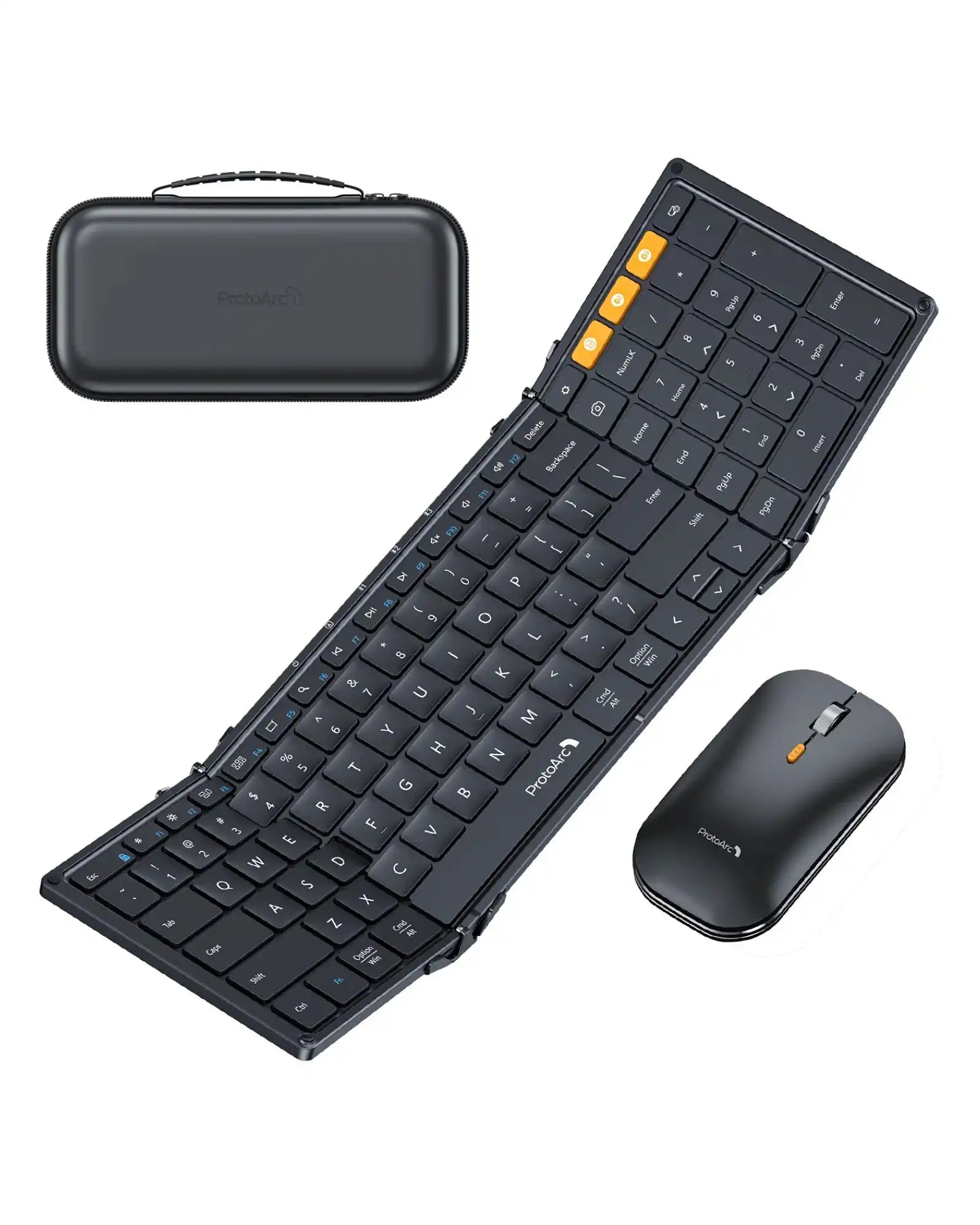 ProtoArc foldable travel keyboard, wireless mouse, and carrying case on white background