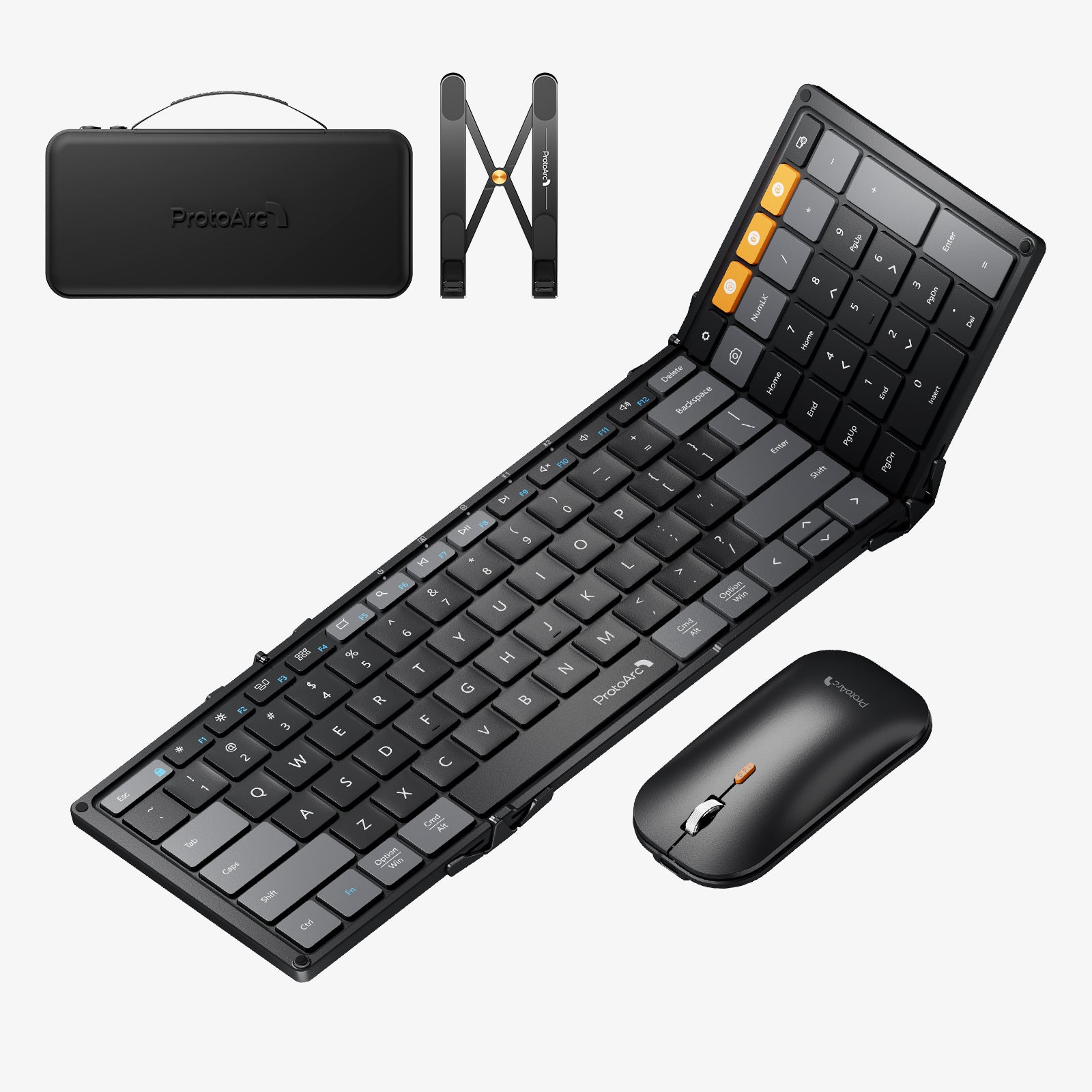 ProtoArc XKM01 CaseUp combo, black foldable keyboard, mouse, laptop stand and carrying case, ergonomic design.