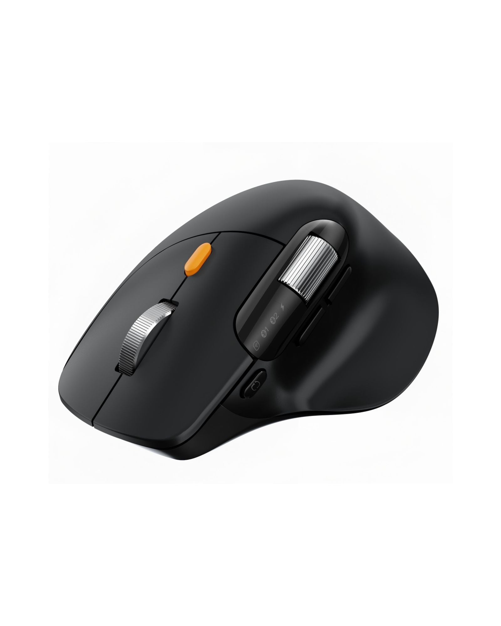 Black ergonomic wireless mouse with silver scroll wheels and an orange button.