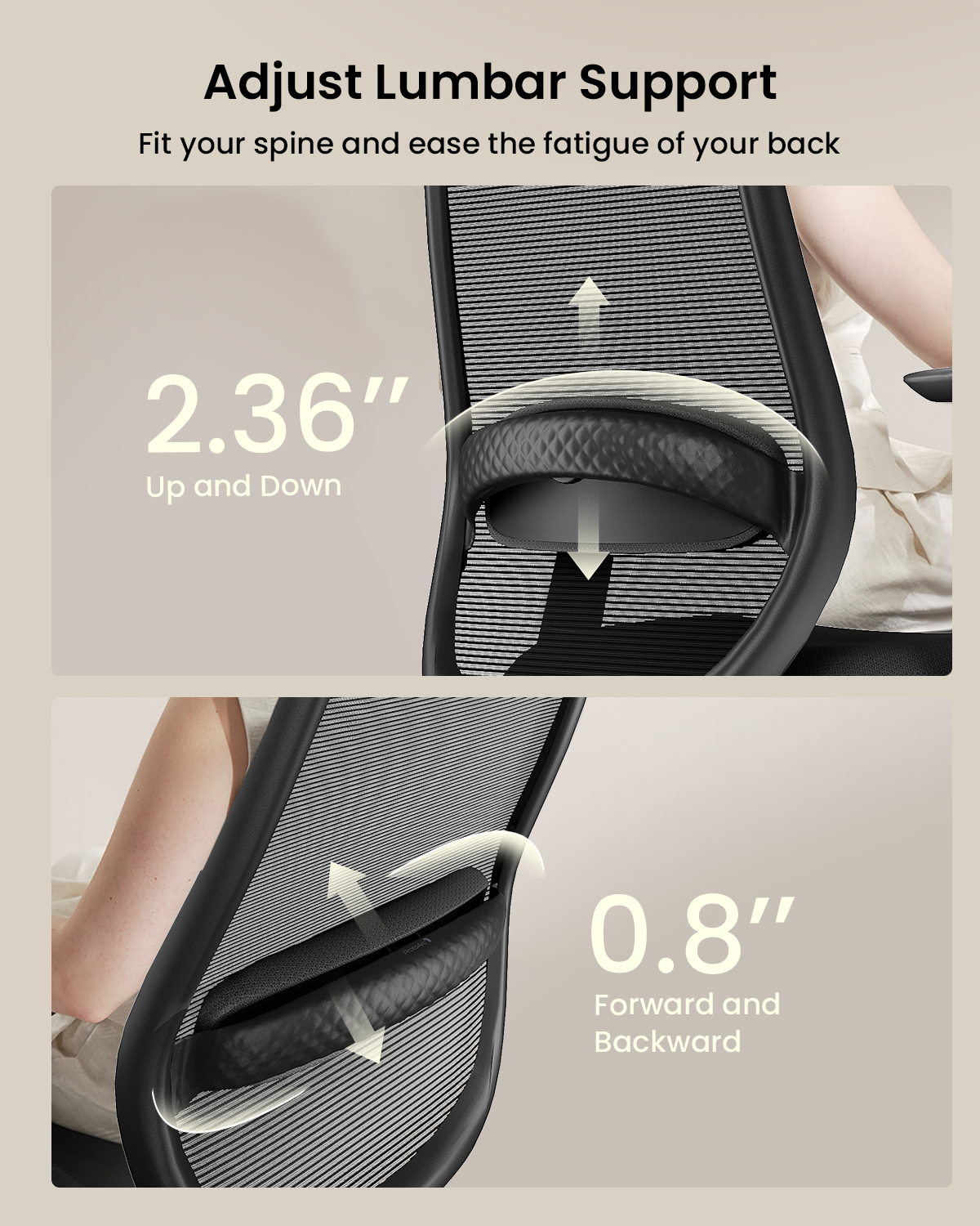 EC200 ergonomic mesh office chair lumbar support with 2.36" up/down and 0.8" forward/backward adjustment.