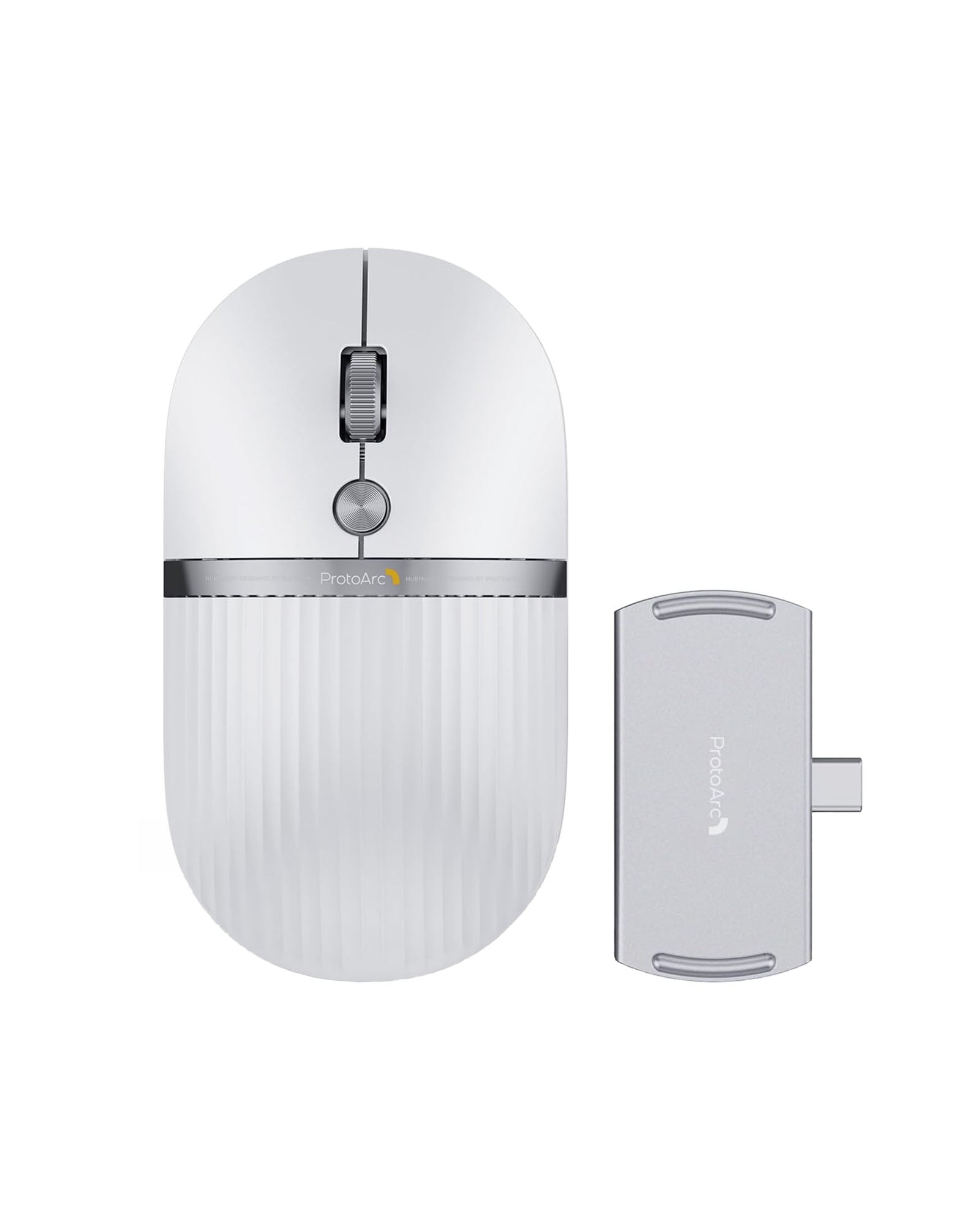 ProtoArc 2 in 1 Travel Hub Mouse in white with a silver USB-C hub attachment