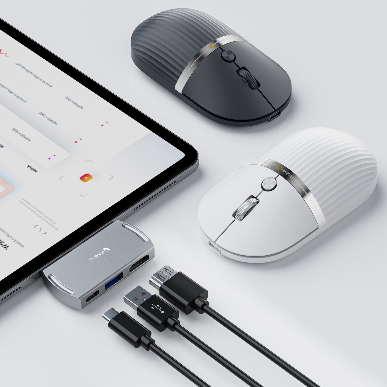 ProtoArc 2-in-1 Travel Hub Mouse in white and dark grey with connected USB-C hub and cables on a tablet